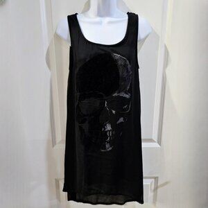 Retro Doll Skull Tank Dress | High-Low Hem | Sheer Overlay | Black | Size S